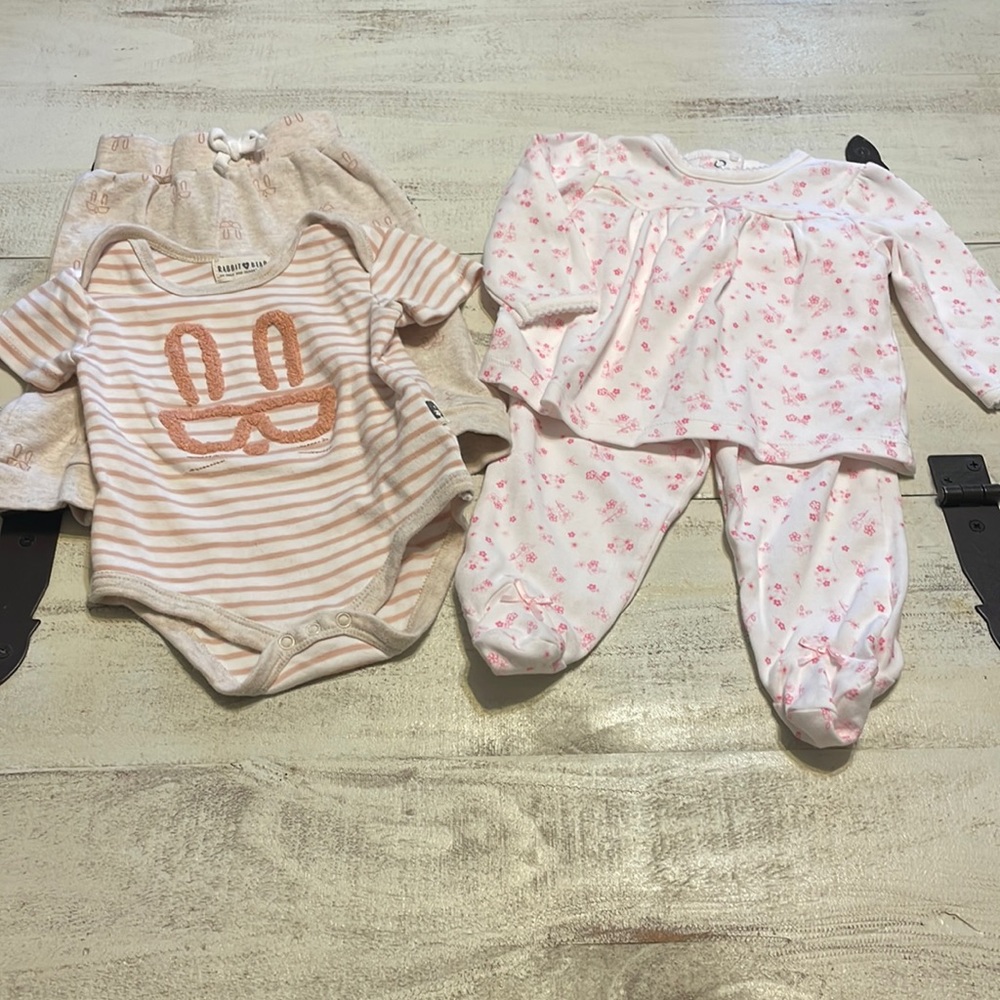 Two sets of 3-6 months outfits. Little Me & Rabbit Bear. Brand new condition. 😍